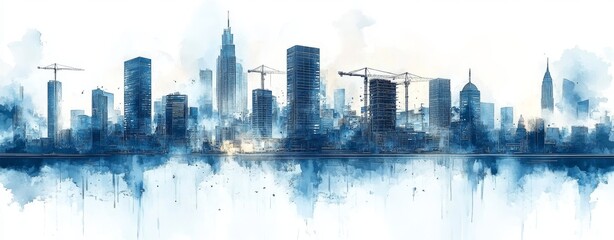 Fototapeta premium Sunrise Over a Bustling City Skyline Under Construction With Cranes Background