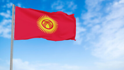 Kyrgzstan flag in the blue sky.Kyrgzstan 3d flag floating in the wind with a blue sky in the background