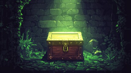 A treasure chest in pixel art style, glowing inside a dark dungeon, evoking a sense of mystery and adventure in classic 8-bit form