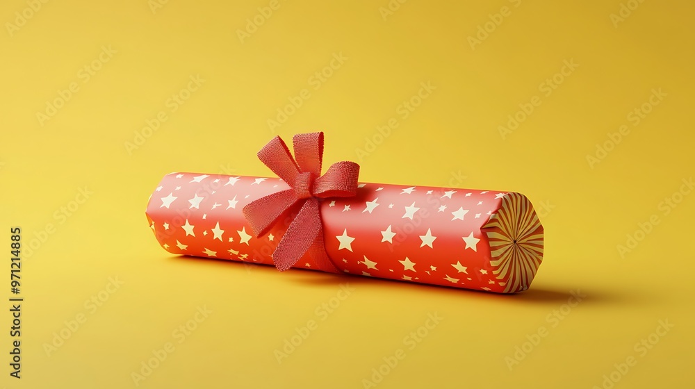 Poster festive 3d render of christmas cracker in minimalistic style on yellow background - side view isolat