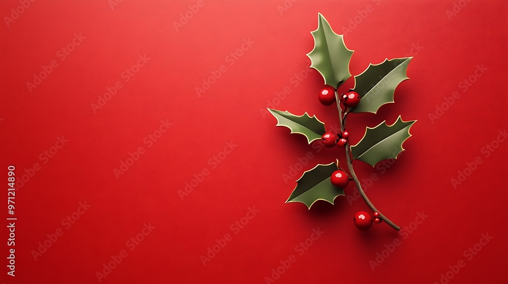 Poster festive holly berry sprig in minimalistic 3d render on red background - side view isolated for holid