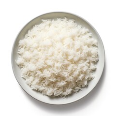 White rice on a white bowl top view isolated on a white background