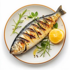 Grilled mackerel with lemon and fresh herbs on a white plate
