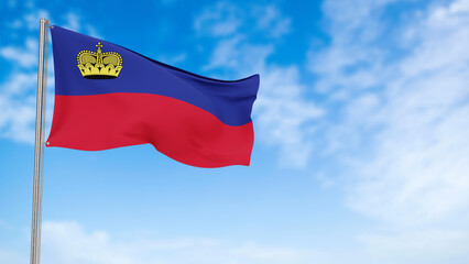 Liechtenstein flag in the blue sky.Liechtenstein 3d flag floating in the wind with a blue sky in the background