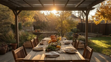 Fototapeta premium Sustainable Thanksgiving gathering in a sunlit garden with a rustic table set for a feast
