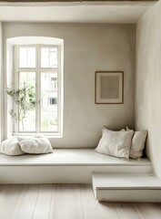 Minimalist White Window Seat with Pillows in a Modern Interior