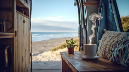 Cozy van interior with steaming coffee cup and potted plant overlooking serene beach scenery on a sunny day