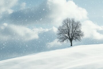 Solitary Tree on a Snowy Hilltop Under a Cloudy Sky