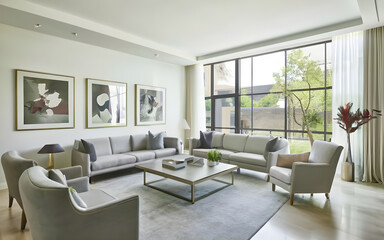 Fototapeta premium Modern living room, natural light, minimalist decor, cozy atmosphere, indoor plants, mid-century furniture, neutral color palette,stylish and clean, comfortable sofa with throw pillows