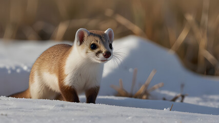 Fototapeta premium A short-tailed weasel pops its head out from the snow while hunting for food during winter 