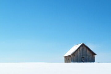 Solitary Wooden Barn Against a Blue Sky and Snowy Field