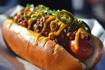 Loaded hot dog with chili, cheese, and jalapenos on a fresh bun