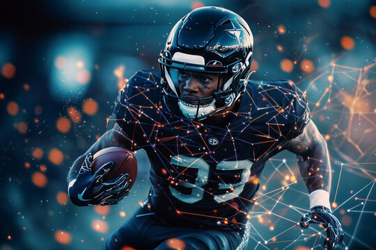Image of data processing over african american american football player. Sports, competition, data processing.