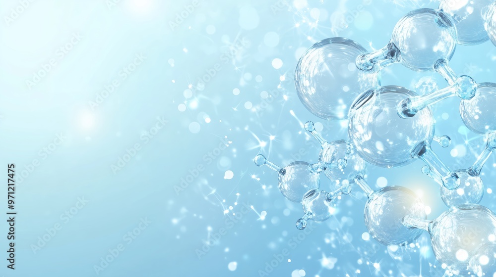 Poster molecular structure represented through interconnected particles in a soft blue background, emphasiz