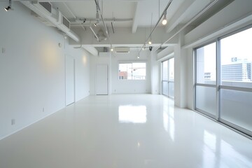 Fototapeta premium Empty White Room with Windows and City View