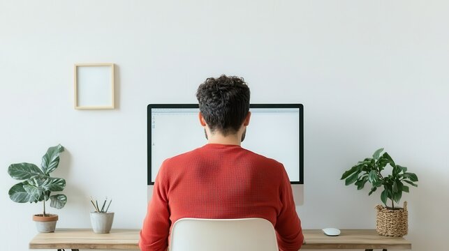 A man is sitting at a desk with a computer monitor in front of him