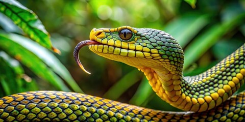 Vibrant yellow dots adorn the scaly body of a serpent as it slithers through a lush green forest floor, its forked tongue darting in and out.