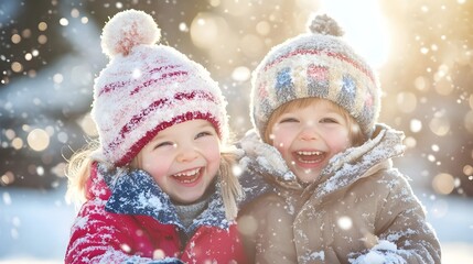 Two children in winter clothing enjoying the snow together outdoors