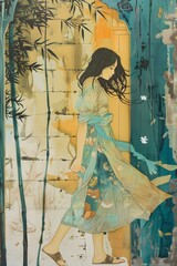 Fototapeta premium Woman in a Long Dress Walking Through a Garden Gate