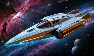 Starship Soaring in Nebula