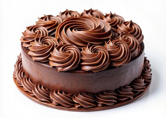 A classic, round chocolate cake topped with a majestic swirl of deep, dark chocolate frosting, isolated on a bright white background.