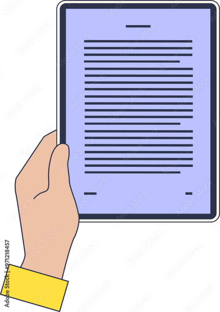 Poster hand holding an e-reader displaying text, symbolizing digital reading and technology in education.