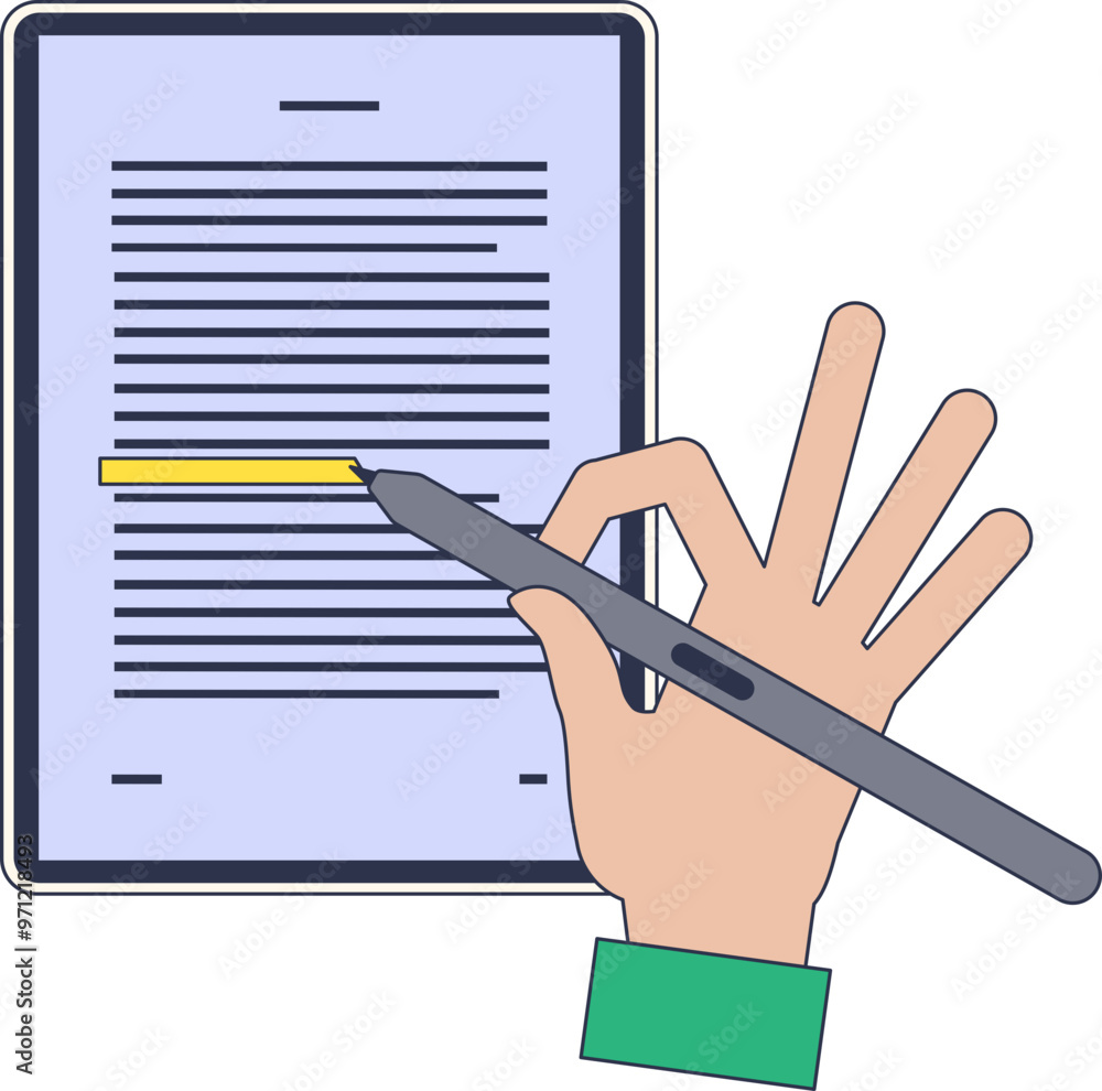 Aufkleber hand using stylus on e-reader displaying text, symbolizing digital reading and note-taking.