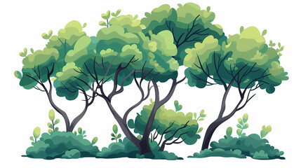 Fototapeta premium Cute green bush from the forest cartoon, isolated nature object for kids design. Branches and leaves of a fluffy bush isolated on a white background. Vector hand drawn illustration in paper cute style