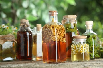 Different natural tinctures on wooden table outdoors, closeup