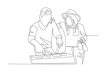 Two couples having a barbeque. Barbequing with friends or family concept one-line drawing