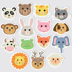 Fototapeta premium Set of stickers with face animals. Hand drawn vector illustration of cute characters 