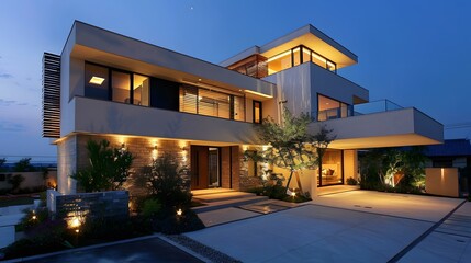 Obraz premium Modern House Exterior With Stone Wall And Landscape