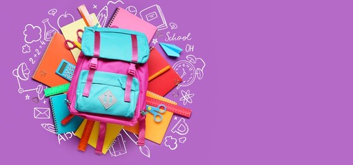 School backpack and different stationery on purple background with space for text