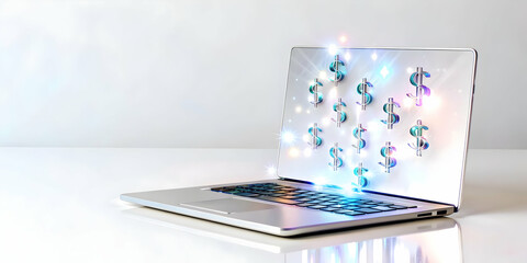 Fototapeta premium 3D Laptop with Holographic Dollar Signs on Glossy White Surface - Modern Business Concept for Profits and Savings, Ideal for Financial Marketing