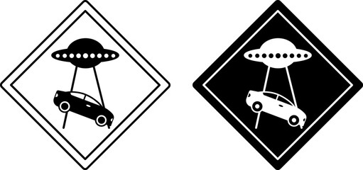 No Parking Signs. Humorous Road Signs. Takes Car, Alien Ship. Black and White Vector Icons