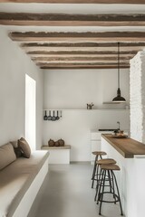 Minimalist Kitchen with White Walls and Wooden Beams