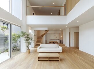 Fototapeta premium Modern Minimalist Living Room Interior Design With Wooden Flooring