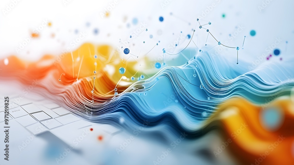 Poster abstract wavy background with colorful spheres and network lines.