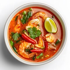 Delicious thai tom yum soup with shrimp garnished with lime and fresh cilantro