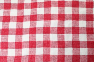 Tablecloth with checkered pattern as background, top view