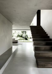 Fototapeta premium Modern Minimalist Interior Design with Wooden Stairs and View of Greenery