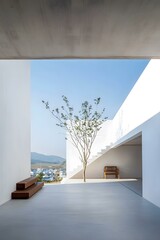 Minimalist White Concrete Patio with a Tree and a Bench
