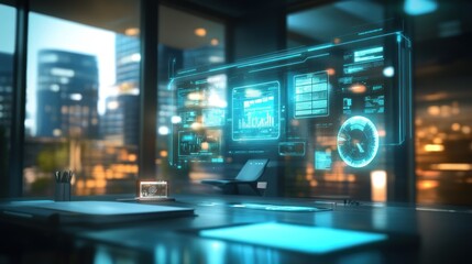 Obraz premium A futuristic office with holographic displays and a modern city view.