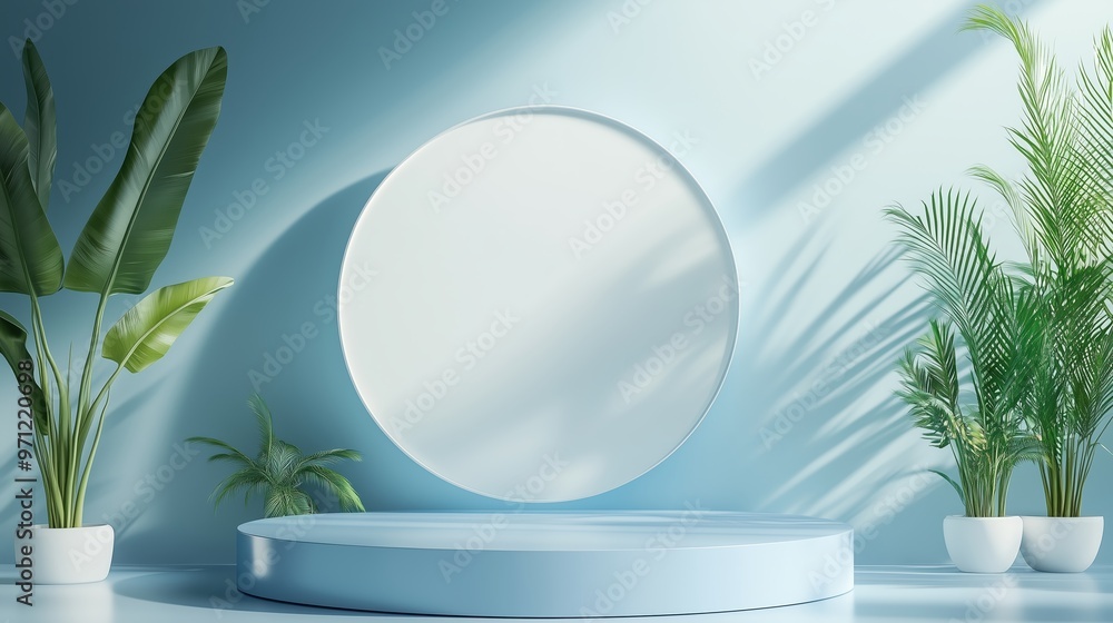 Poster modern circular display platform in a serene indoor setting with greenery and soft lighting