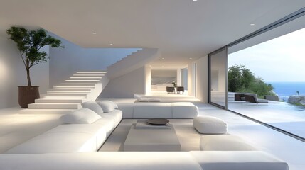 Fototapeta premium Modern Minimalist Living Room Design With Sea View
