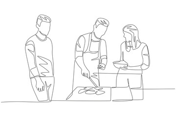 Friends who are going to a barbeque. Barbequing with friends or family concept one-line drawing