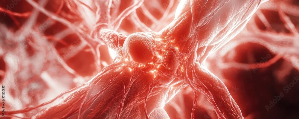 Poster close-up view of neural connections showcasing intricate details and vibrant red hues, highlighting 