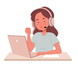 A girl in headphones with a microphone works in a call center. Flat illustration for a web site..eps