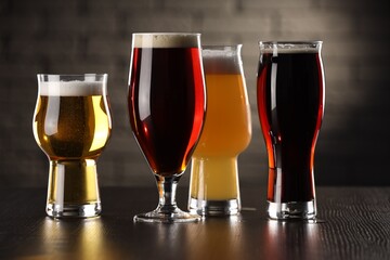 Glasses with different types of beer on wooden table in bar