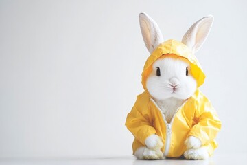 Obraz premium Cute easter bunny wearing a yellow raincoat with white background with generative ai